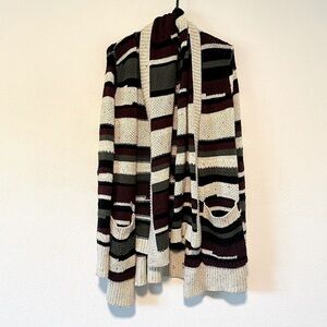 Hinge Wool Blend Green Black Maroon Cream Longline Open Front Cardigan Sweater S